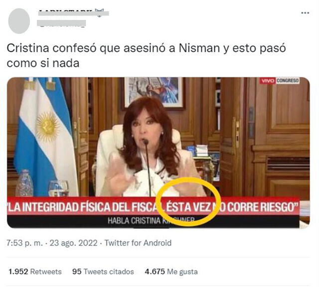 Publicación sobre Cristina Fernández. Foto: captura en Twitter.