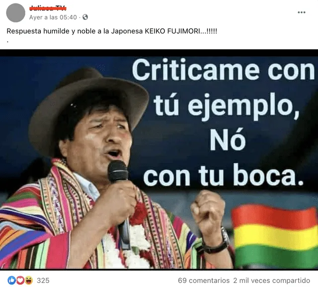 Publicación viral atribuye a Evo Morales una presunta respuesta dirigida a Keiko Fujimori. Foto: captura en Facebook