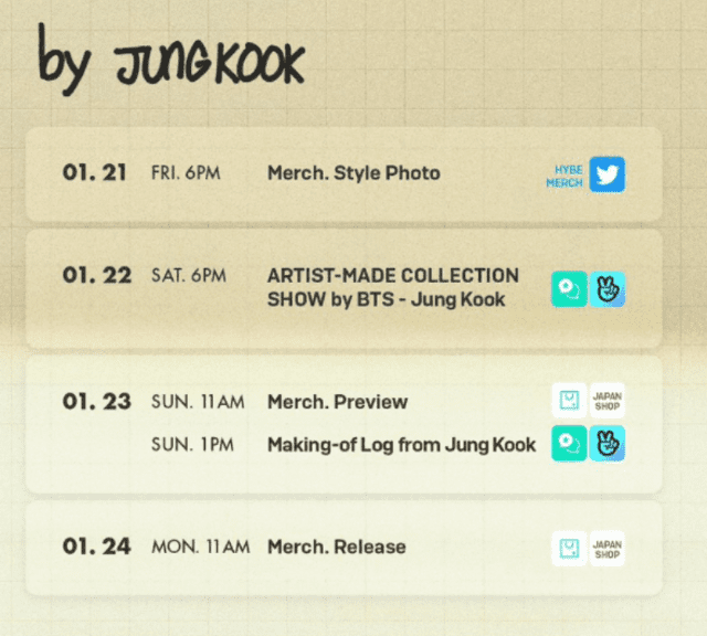 Calendario oficial de lanzamiento de la merch de Jungkook de BTS. Foto: captura/Twitter