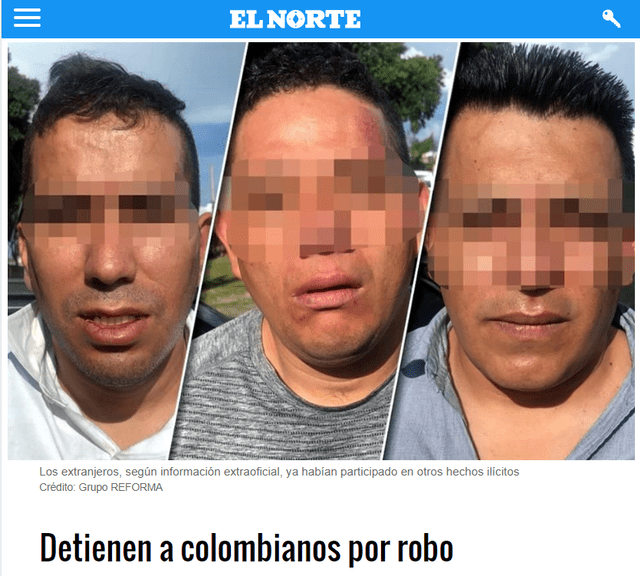 Titular de El Norte muestra a los tres delincuentes. No se trata de una banda de tráfico de niños. Foto: captura de la web de El Norte Titular de El Norte muestra a los tres delincuentes. No se trata de una banda de tráfico de niños. Foto: captura de la web de El Norte