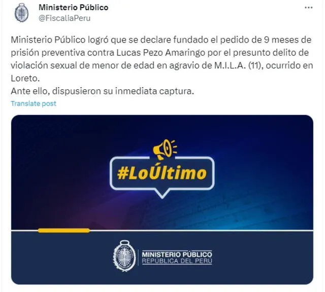 Ministerio Público logró que el agresor de la menor reciba 9 meses de prisión preventiva por el condenable hecho que perpetró en Loreto. Foto: Twitter/Ministerio Público   