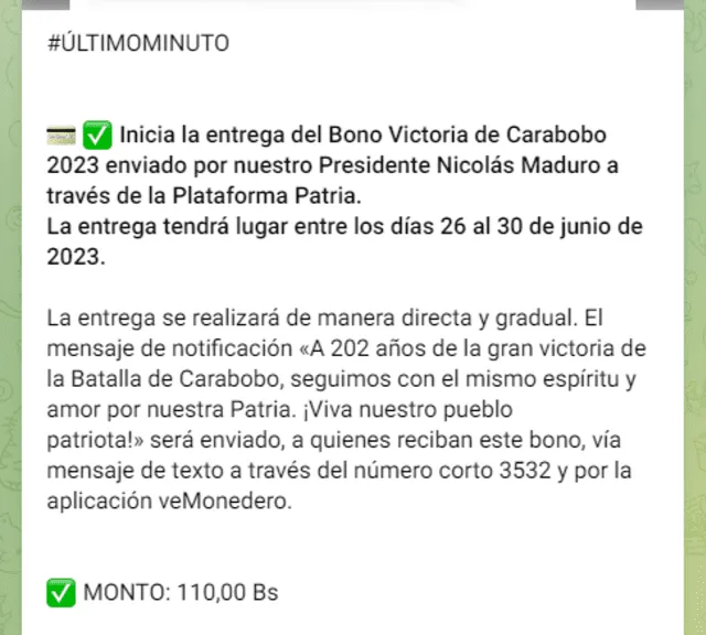 El Bono Victoria de Carabobo se pagó el 26 de junio de 2023. Foto: Canal Patria Digital/Telegram