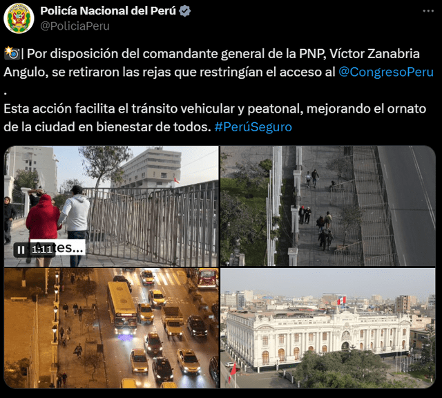  Comunicación de la PNP sobre el retiro de las rejas a los exteriores del Congreso. | Foto: Policía Nacional del Perú / X. 