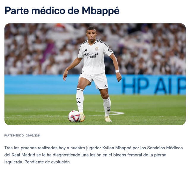 Parte médico de Mbappé. Foto: Real Madrid.   