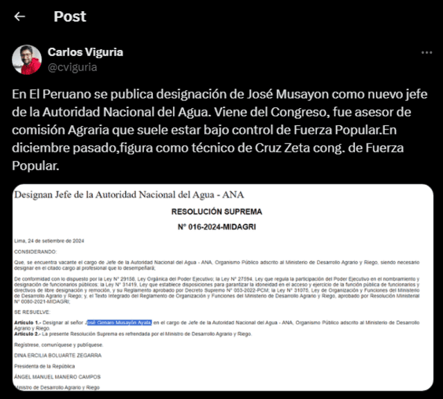 Carlos Viguria sobre José Musayón como nuevo jefe de la Autoridad Nacional del Agua. Foto: red social X/Difusión   