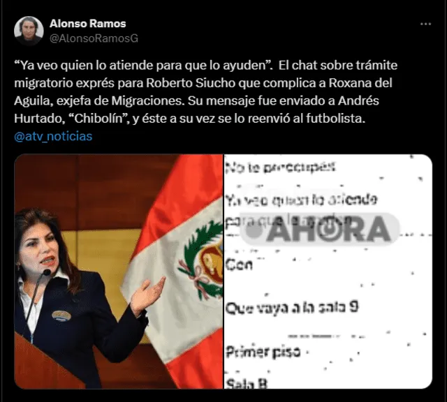  Chat entre Roxana del Águila y Andrés Hurtado muestra complicidad a favor de trámite de Roberto Siucho | Créditos: Alonso Ramos/X    