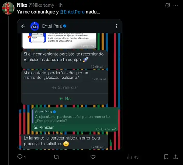  Respuesta del canal de WhatsApp de Entel a usuario. Captura: X   