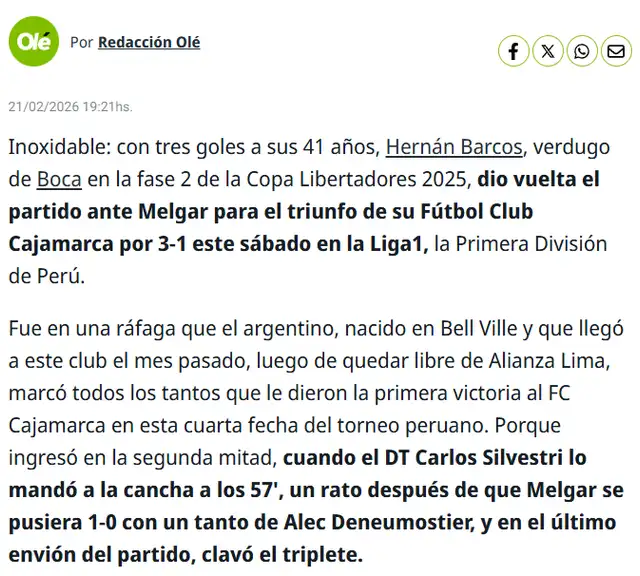 Diario Olé dedicó una nota completa a Hernán Barcos. Foto: Diario Olé   