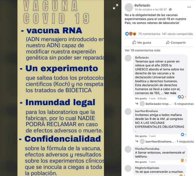 Publicación de Facebook emite afirmaciones falsas sobre la vacuna de la COVID-19. Foto: Captura.