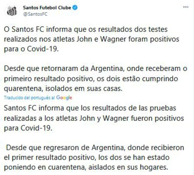 Santos FC: comunicado casos positivos a COVID-19