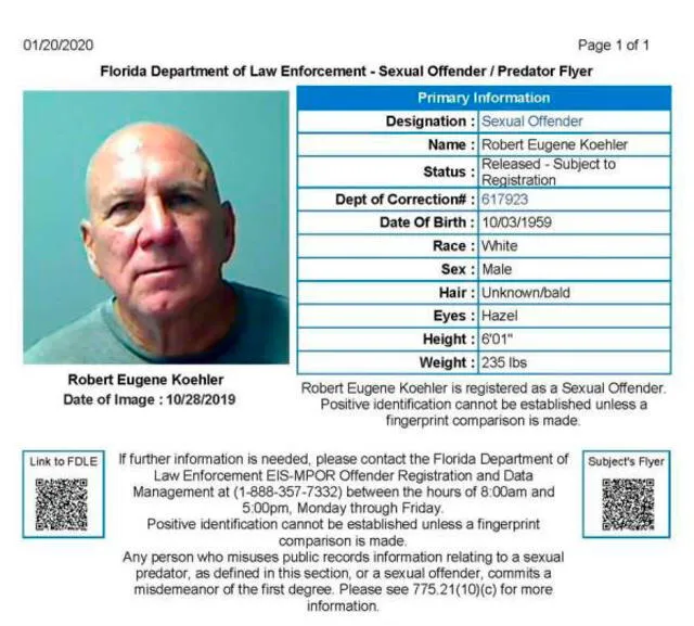Otra página de los "depredadores sexuales", esta del Departamento de Aplicación de la Ley de Florida. Foto: captura