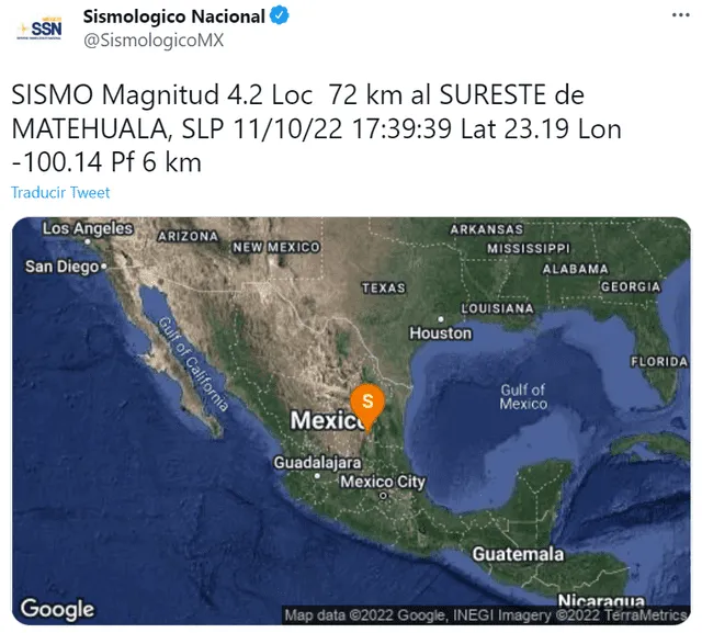 Último sismo en México. Foto: @SismologicoMX/ Twitter