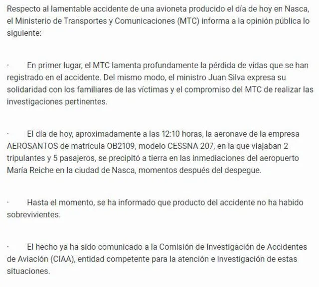 Comunicado del MTC.