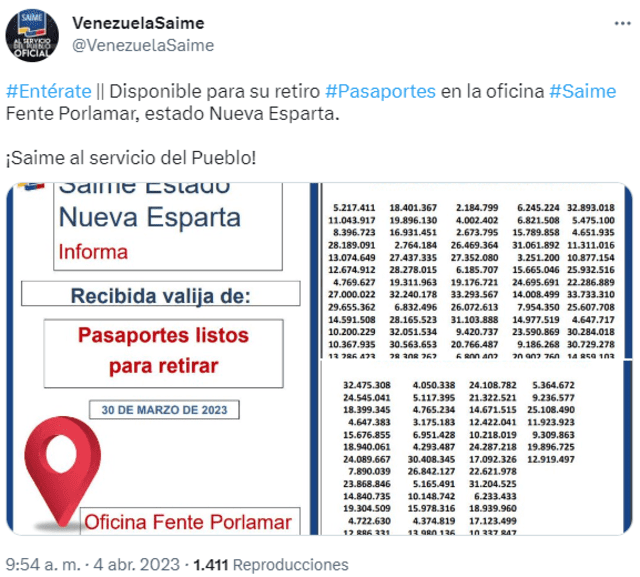  Cuenta oficial del Saime en Twitter informa de la recepción de nuevos pasaportes. Foto: VenezuelaSaime/ Twitter   