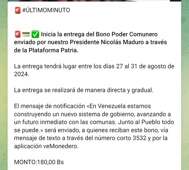 El Bono Poder Comunero llegó el 27 de agosto vía Sistema Patria. Foto: Canal Patria Digital/ Telegram