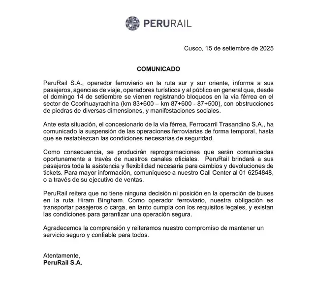 Perú Rail emite comunicado sobre el cese temporal de sus servicios en la ruta sur y oriente. Foto: Perú Rail Perú Rail emite comunicado sobre el cese temporal de sus servicios en la ruta sur y oriente. Foto: Perú Rail