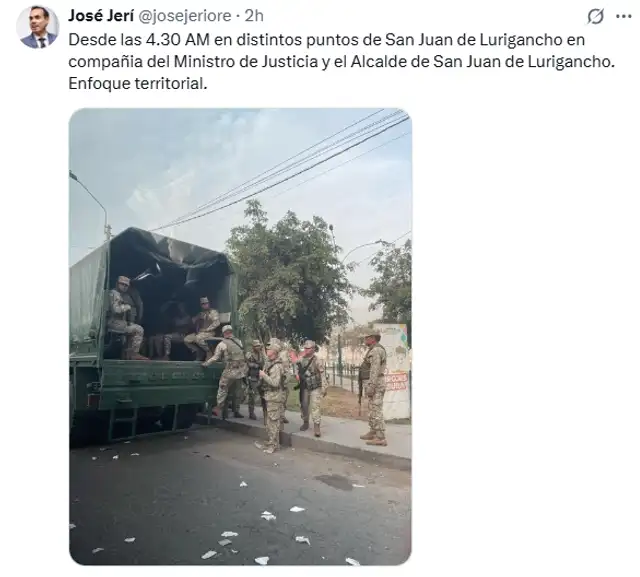  José Jerí anunció la presencia de personal policial y militar en las calles de Lima desde tempranos horas de la mañana. Foto: X.   
