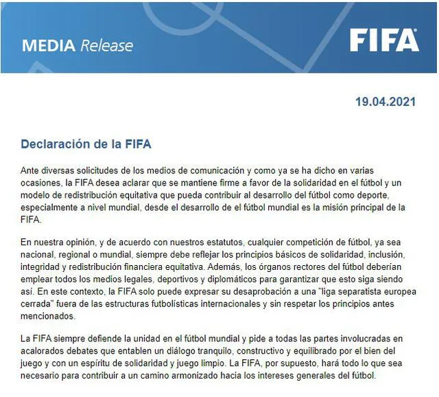 FIFA se pronunció tras la creación de la nueva Superliga de Europa.