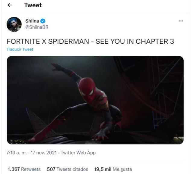 Spiderman llegaría a Fortnite en diciembre. Foto: captura de Twitter