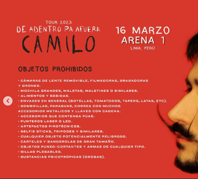 Objetos prohibidos para el espectáculo de Camilo. Foto: Masterlive Perú 