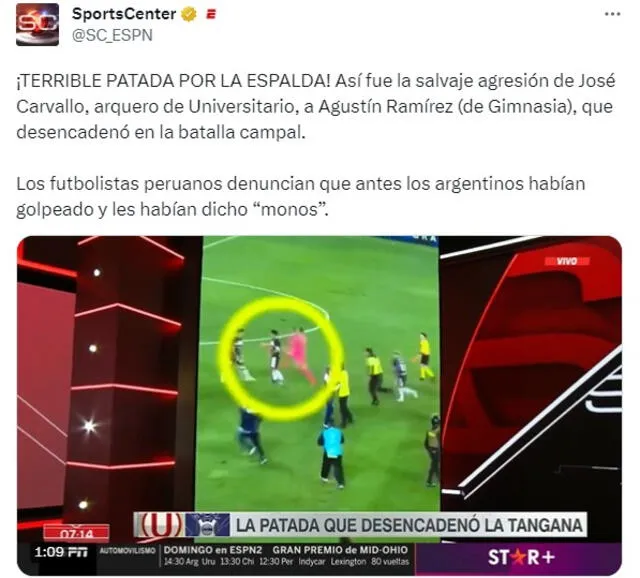  SportsCenter de ESPN condenó la patada de José Carvallo en el Universitario vs. Gimnasia. Foto: captura de <br>pantalla   