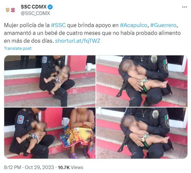 Integrante de la Policía mexicana amamanta a un bebé de meses tras Huracán Otis. Foto: @SSC_CDMX   
