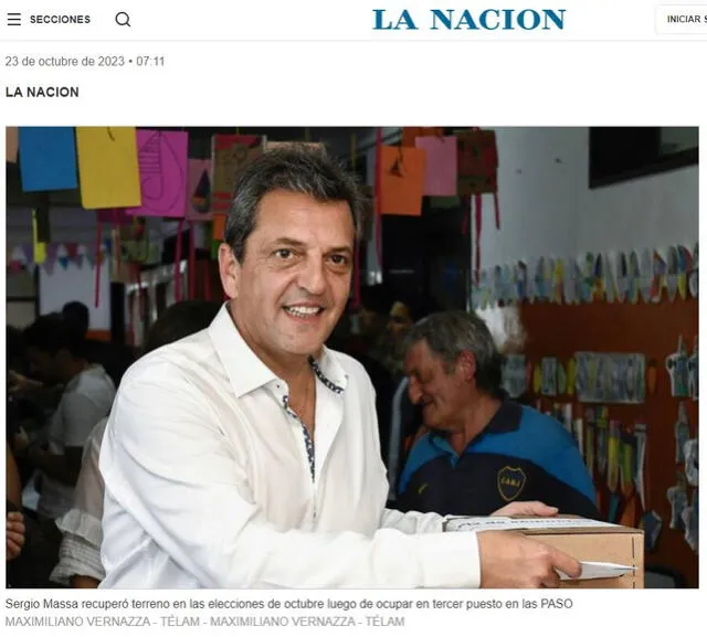  Imagen real de Sergio Massa. Lo capturaron votando en la primera vuelta de las elecciones de Argentina en octubre de 2023. Foto: captura en web - La Nación / Maximiliano Vernazza.<br><br>    
