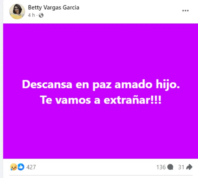  Madre del popular 'IIngeniero bailarín' publicó un emotivo mensaje. Foto: Facebook /Betty Vargas García   