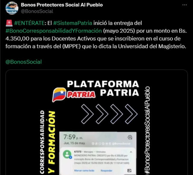 Anuncio del Bono de Corresponsabilidad y Formación para docentes de mayo 2025. Foto: Bonos Protectores Social Al Pueblo Anuncio del Bono de Corresponsabilidad y Formación para docentes de mayo 2025. Foto: Bonos Protectores Social Al Pueblo