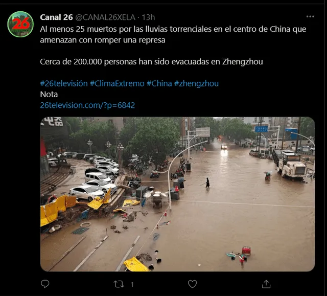Lluvias torrenciales dejan catástrofe en las pistas de Zhengzhou y más de 20 decesos. Foto: captura twitter.