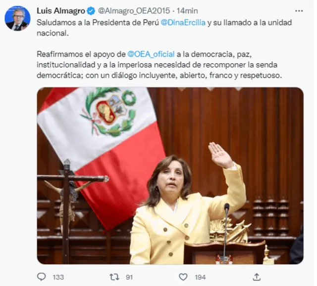 Luis Almagro felicitó a la presidenta de Perú, Dina Boluarte