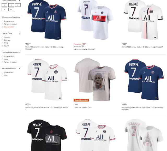 Camisetas de Kylian Mbappé disponibles en la web del PSG. Foto: captura
