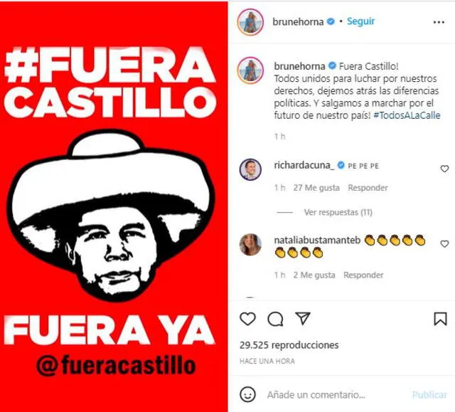 Brunella Horna alienta sus seguidores a salir a marchar por la vacancia a Pedro Castillo. Foto: Instagram