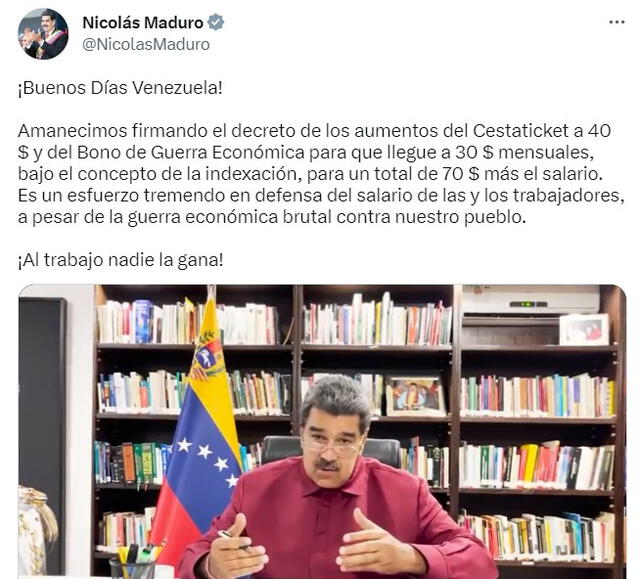 Nicolás Maduro anuncia aumento del Bono de Guerra Económica. Foto: Twitter   