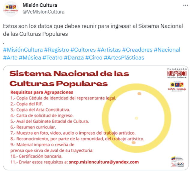  Misión Cultura informa de cómo registrarse al Sistema Nacional de Culturas Populares. Foto: VeMisionCultura/ Twitter