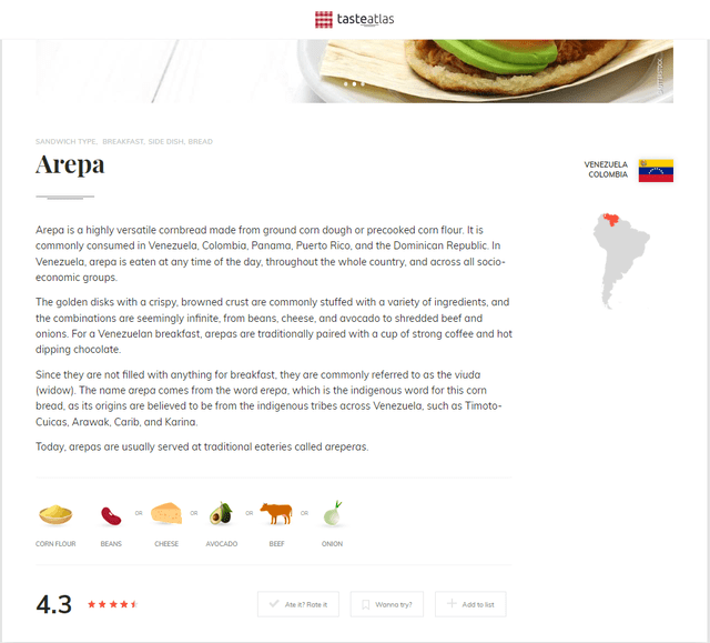  Así figura la arepa en Taste Atlas. Foto: Taste Atlas 