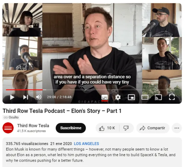  La versión real de la entrevista a Elon Musk se publicó en enero del 2020. Foto: captura en Youtube / Third Row Tesla.<br><br>    