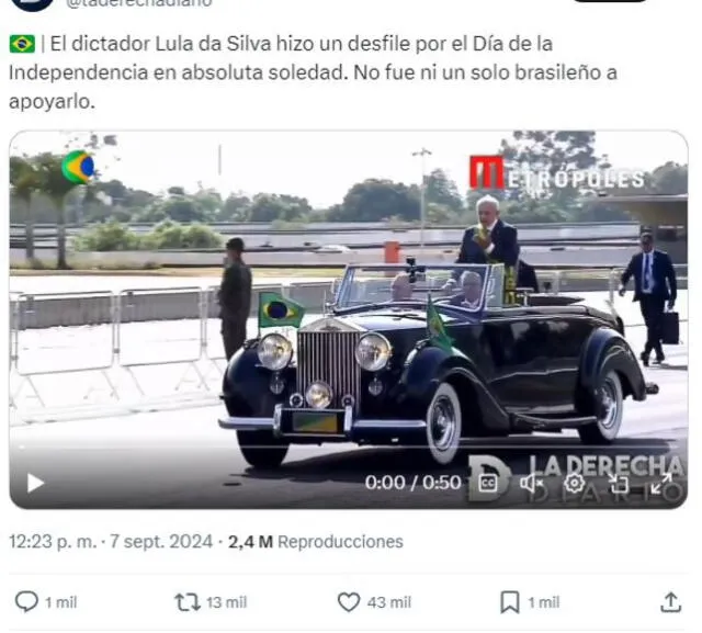  Desinformación sobre Lula da Silva en el desfile militar del Día de la Independencia de Brasil. Foto: captura en X.<br><br>    