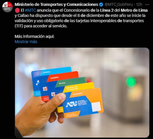 MTC sobre tarjetas para ingresar a la Línea 2 del Metro de Lima