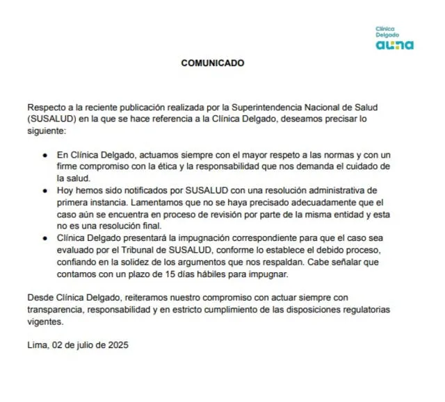 Comunicado de Clínica Delgado-Auna. Foto: clínica Comunicado de Clínica Delgado-Auna. Foto: clínica