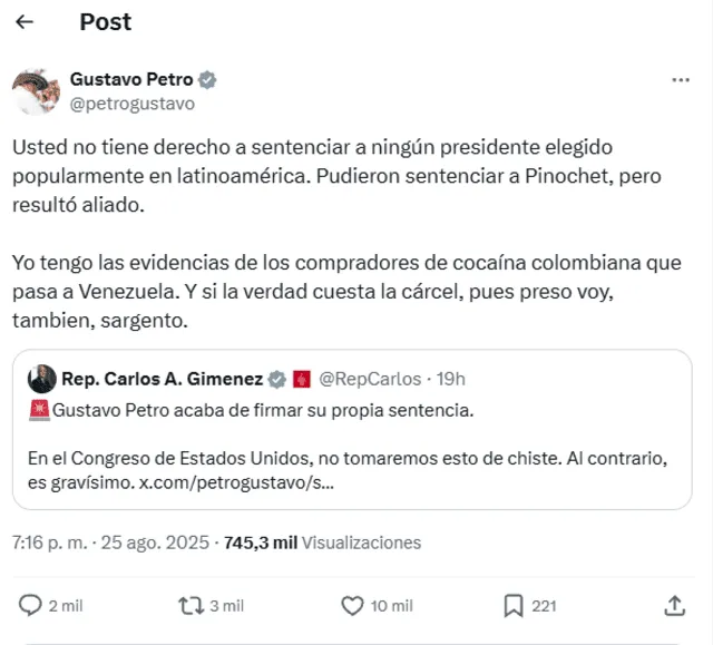Gustavo Petro responde a amenaza de Carlos Gimenez, congresista de EE.UU. Foto: @petrogustavo/X<br> Gustavo Petro responde a amenaza de Carlos Gimenez, congresista de EE.UU. Foto: @petrogustavo/X<br>