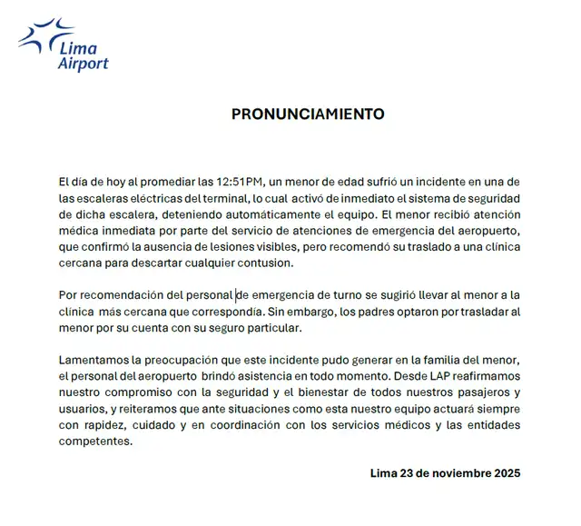 Pronunciamiento de LAP. Foto: LAP Pronunciamiento de LAP. Foto: LAP