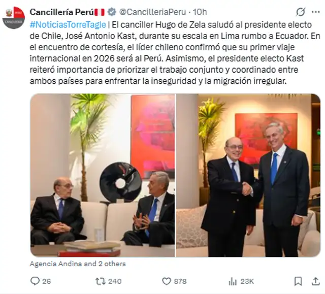  Cancillería informó sobre el breve paso de José Antonio Kast en Lima. Foto: Captura 