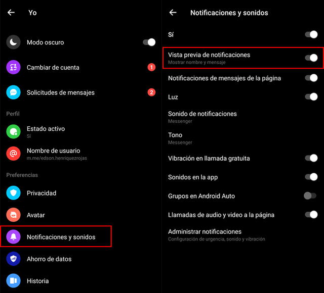 Notificaciones y sonidos de Facebook Messenger