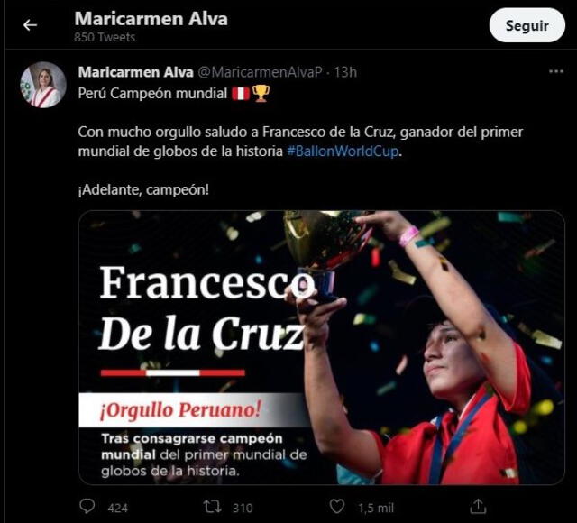 Saluda de la Presidenta del Congreso al campeón Francesco de la Cruz. Foto: Twitter oficial de congresista