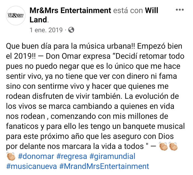 La agencia de Don Omar anuncia su regreso a la música urbana. Foto: captura Mr. & Mrs. Entertainment/Facebook