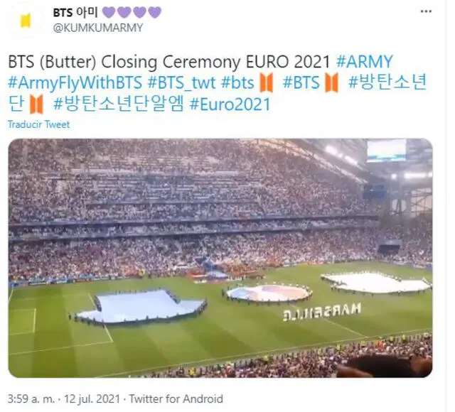 Post del presunto video de "Butter" de BTS en la final de la Eurocopa 2021. Foto: captura Twitter