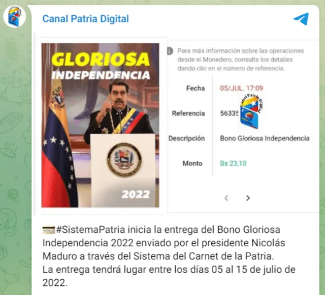 El Bono Gloriosa Independencia 2022 se anunció el 5 de julio de 2022 y se entregó durante diez días. Foto: Canal Patria Digital
