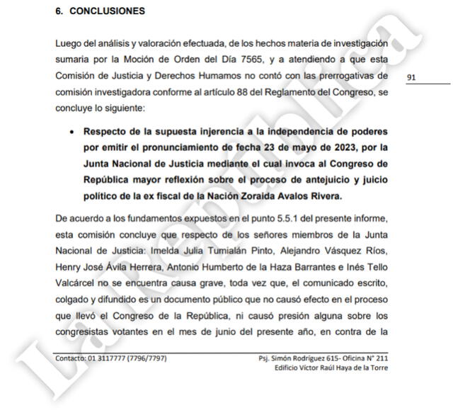  Conclusión del informe final de la Comisión de Justicia. Foto: La República    