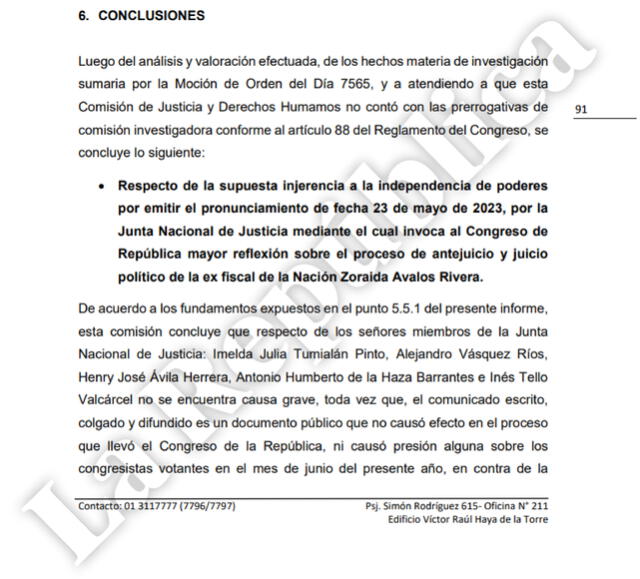  Conclusión del informe final de la Comisión de Justicia. Foto: La República   